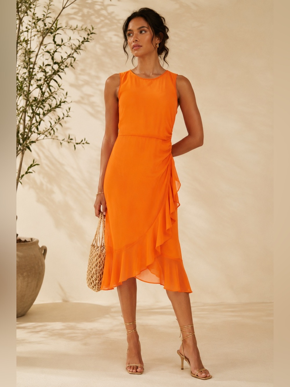 New! Fuzzi Sleeveless Mesh Ruffle Midi Dress Orange Minio 🧡 Large NWT!